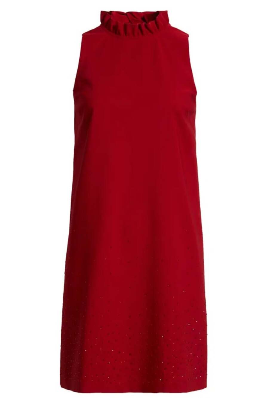 NWT Anne Klein Red Ruffle Neck Sleeveless rhinestone Shift Dress SZ 4 party bow